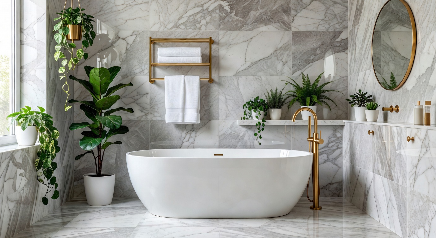 Baño de mármol con plantas — Colección Marble & Green